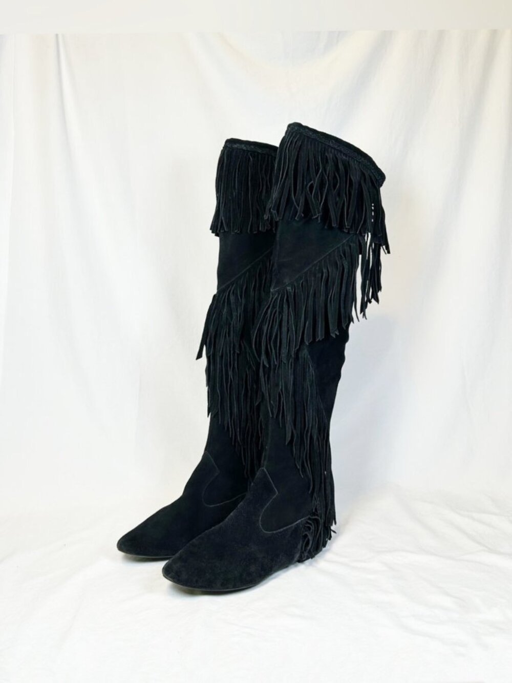 Sam Edelman Tall Black Suede Multi-Tiered Fringe Hippie Over the Knee Boots~8.5~